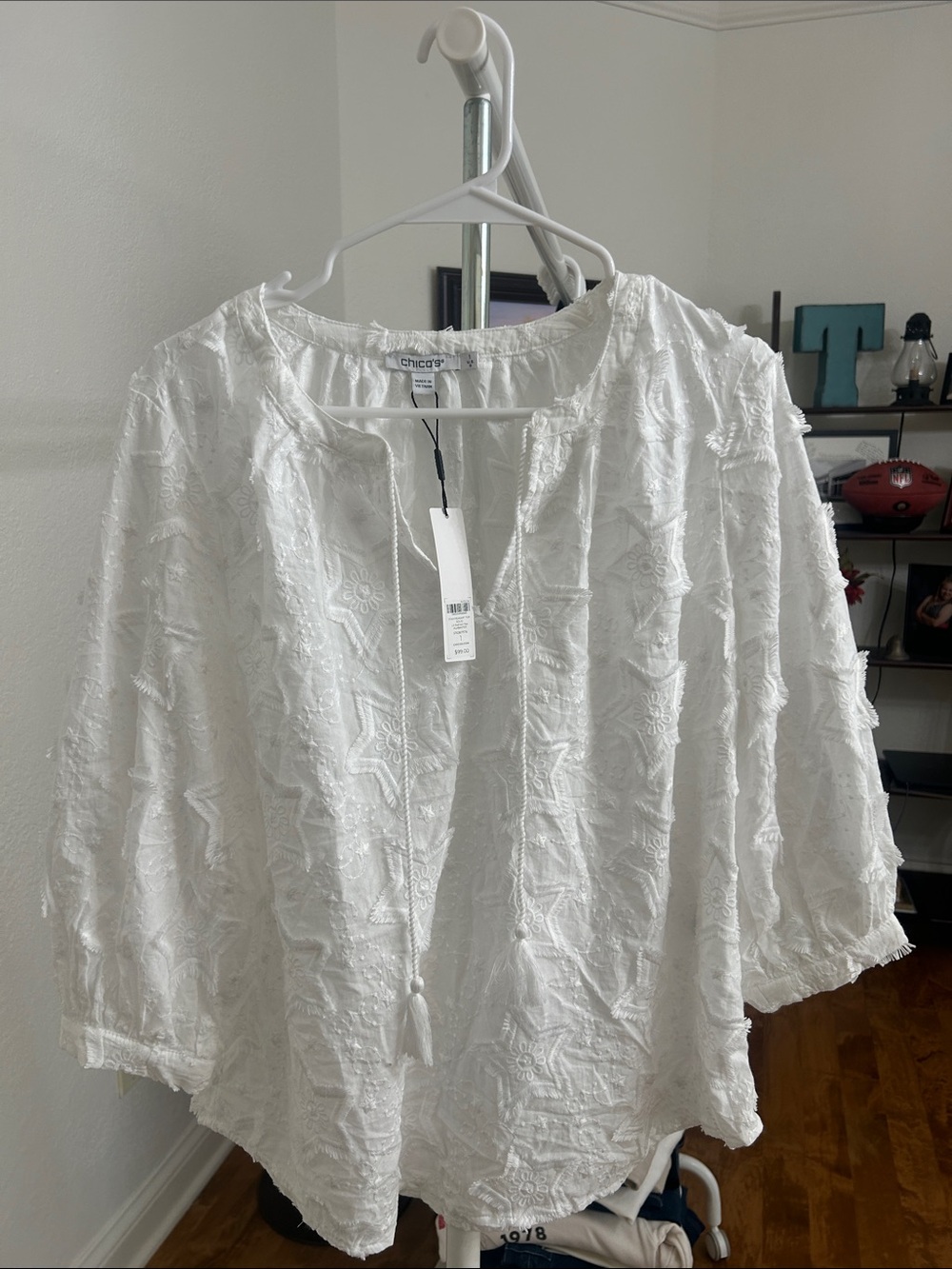 Chico's White Embroidered Peasant Top